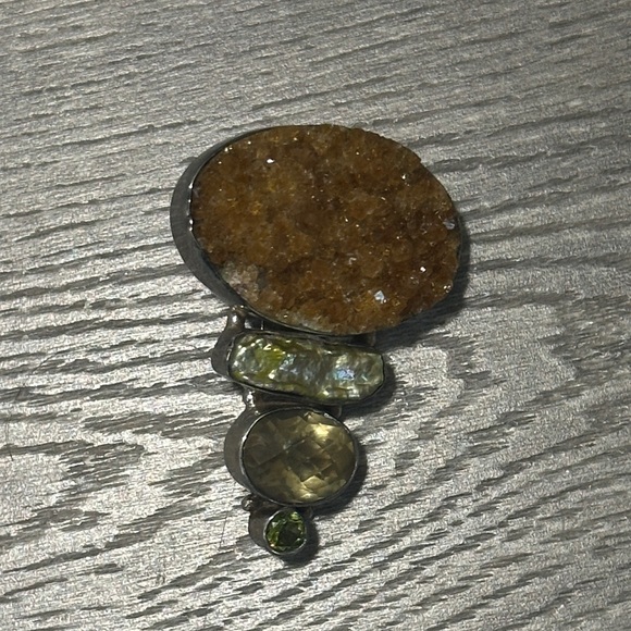 Large Druzy Quartz Pearl Citrine and Peridot Sterling Silver Pendant Slide - Picture 2 of 4